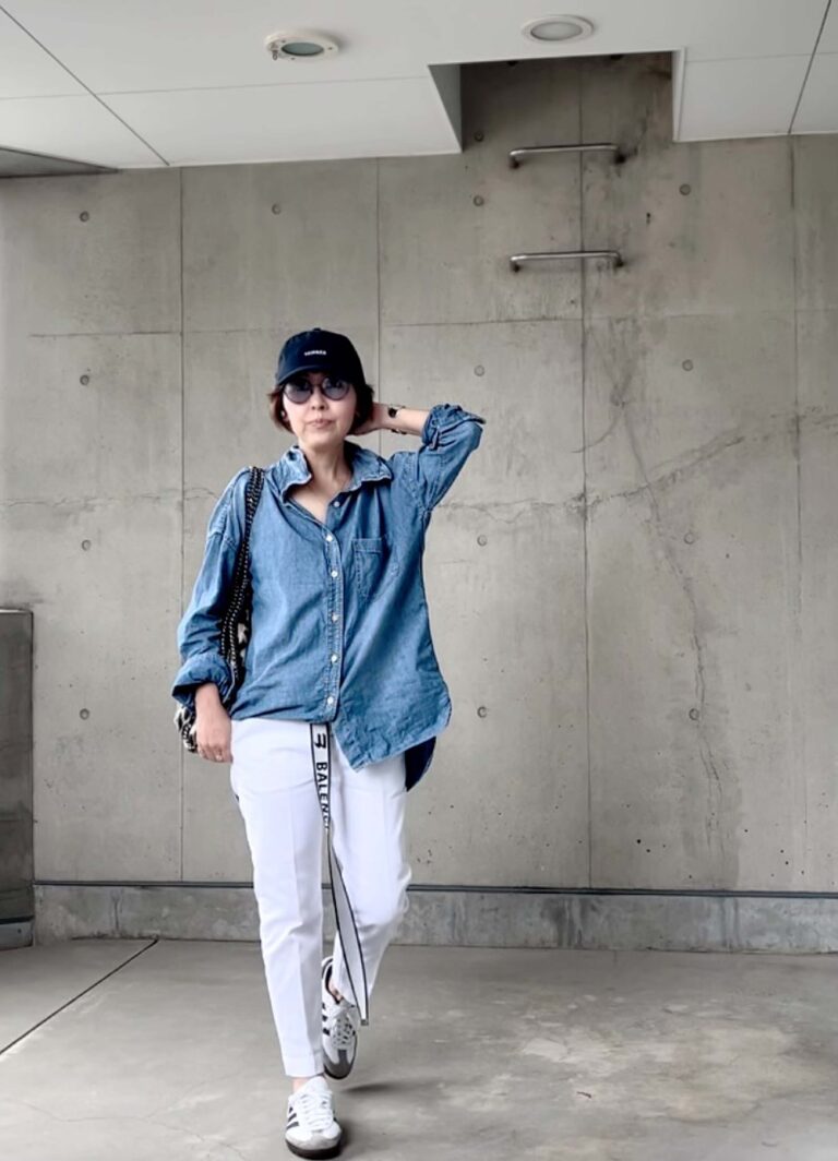 ■ダンガリーシャツ：REMI　RELIFE ■パンツ：Dickies ■シューズ：アディダス ■キャップ：TEMBEA