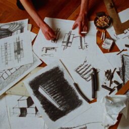 映画ブルータリストより場面写真　設計図を書くラースロー