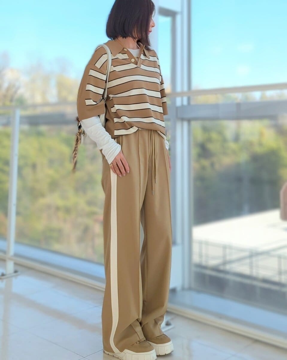 「GU」（rokh/ロック・ファン）　ニットポロシャツ by rokh（メンズ）、トラックパンツ by rokh