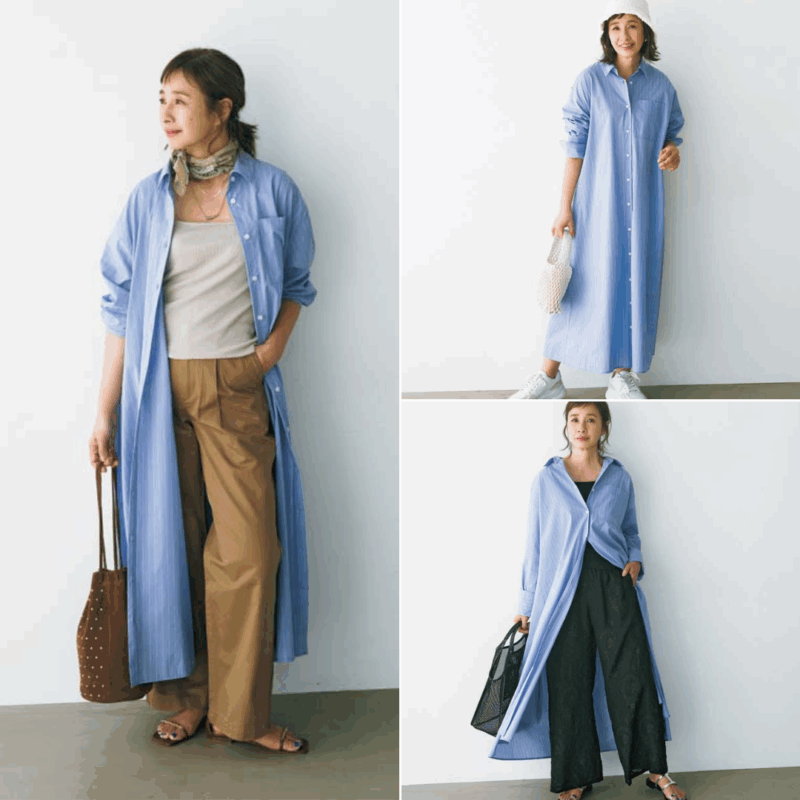 【60ファッション】シャツワンピース着まわし3パターンをご紹介！旅服にも丁度いい！着まわし力抜群のシャツ4選
