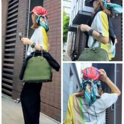 柄物のトップスには同じ雰囲気のスカーフを使用