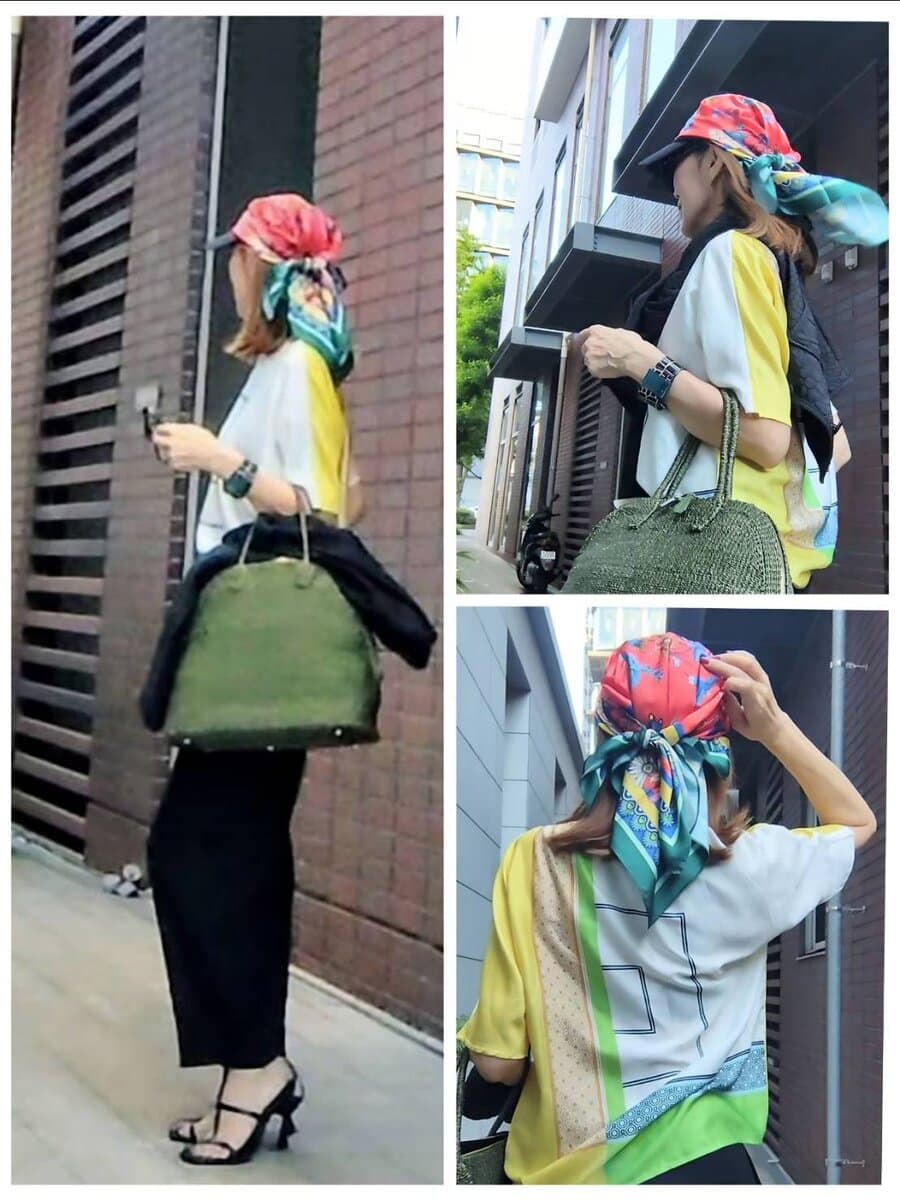 柄物のトップスには同じ雰囲気のスカーフを使用