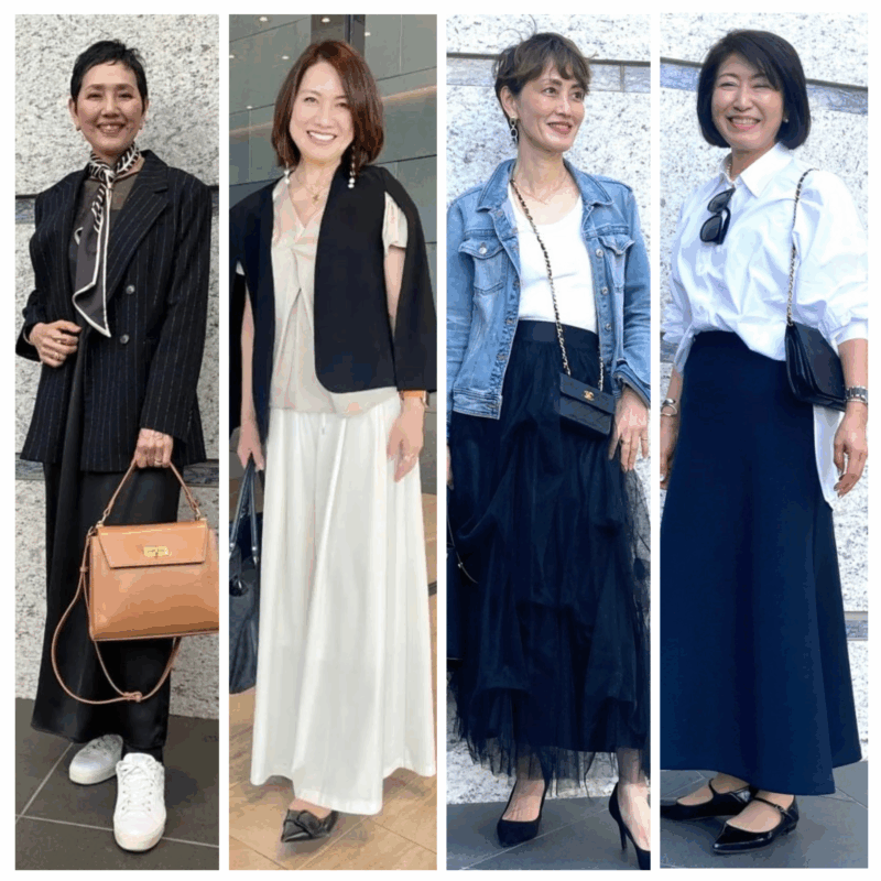 【60代お手本スナップ】春のモノトーンコーデを軽やかに着こなすには？素材や形でぐっとあか抜ける！お呼ばれコーデ4選
