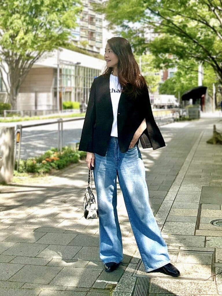 T shirt／madisonblue jacket／ setaichiro denim／framework shoes／銀座ヨシノヤ bag thinkbee