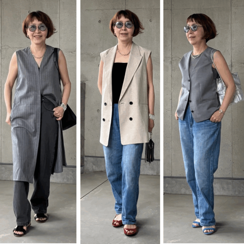 【50代ファッション】おしゃれ迷子さん必見！「ジレ×デニム」でいつもの着こなしを手軽に格上げ！お手本コーデ3選【素敵世代のデニムコーデ】