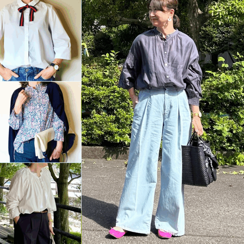 【60代ファッション】初夏に真似したい“デニム×ブラウス”コーデ4選！ ブラウス1枚で快適に過ごせるいまの季節にぴったりな装い♪