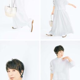 ブラウス¥151,800、パンツ¥242,000（参考価格）／ともにファビアナフィリッピ（アオイ）、左耳上部水色ピアス¥29,700、下部ピアス¥112,200、右耳ピアス¥75,900／すべてヒロタカ（ヒロタカ 表参道ヒルズ）、リング¥49,500／ヒロタカ（アバロン）、バッグ¥168,300／トッズ（トッズ·ジャパン）、靴¥171,600／ジェイエムウエストン（ジェイエムウエストン 青山店）