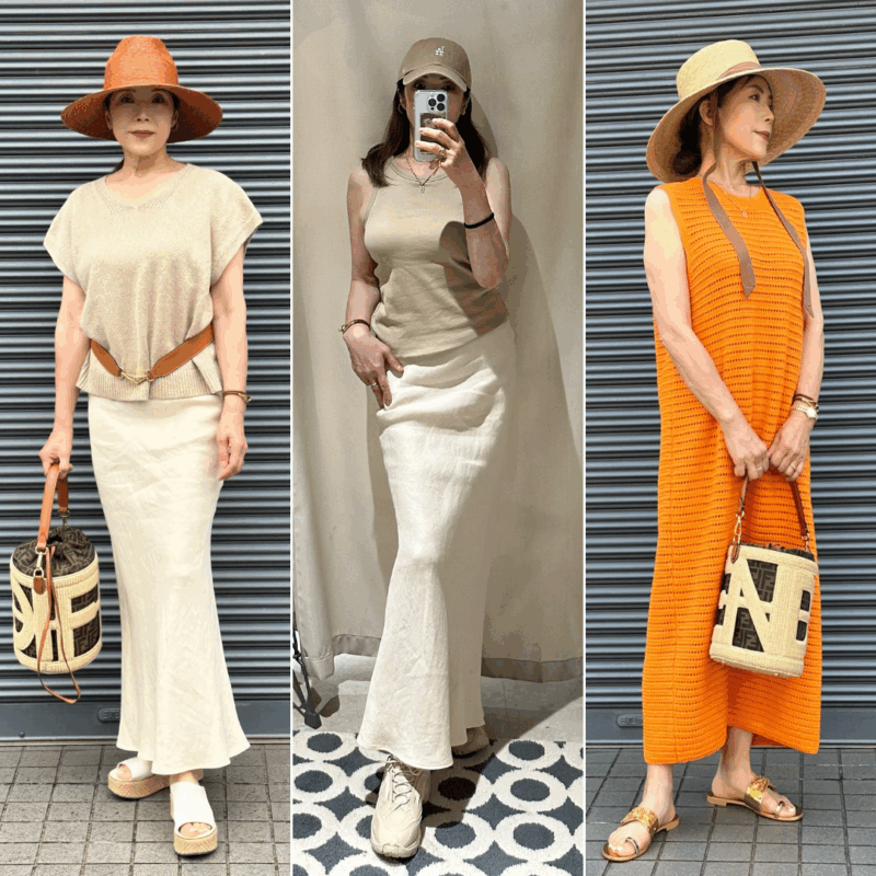 【60代ファッション】夏気分満点！「IENA」のマーメイドロングスカートを使った涼やかスタイル