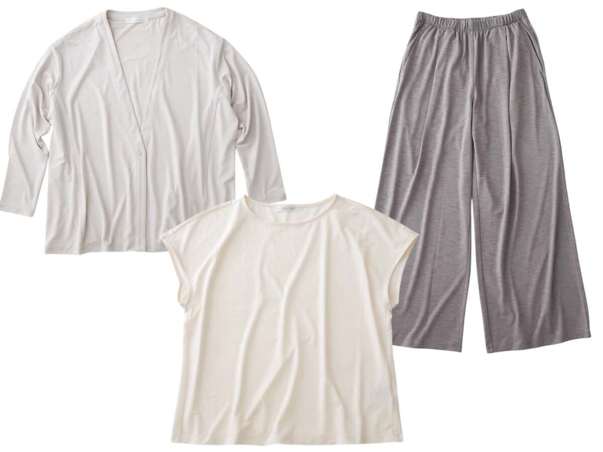 UVスラブ・ジェットセッターズ（2点セット）¥7,689、セミワイドパンツ¥5,489　※3点セット価格¥10,978／ともにドゥクラッセ