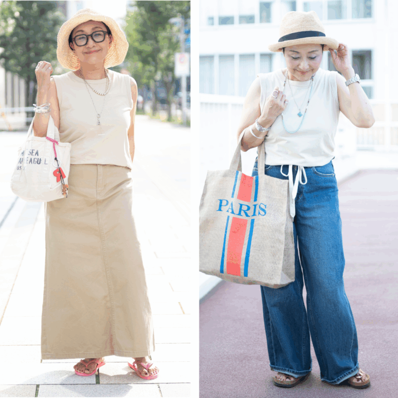 【60代のノースリーブコーデ】猛暑の強い味方タンクトップを60代が大人カジュアルに着こなすコツは？【6日間コーデ Day1・Day2】