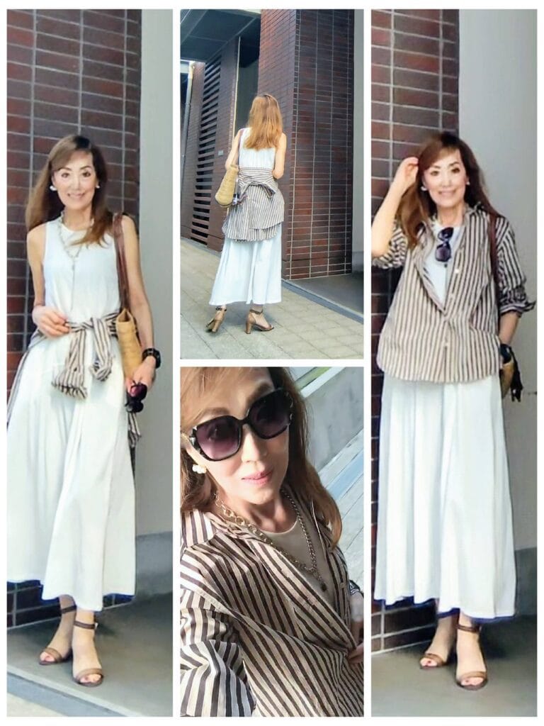 シャツ／ZARA ワンピース／JOINT WORKS サンダル／LE TALON カゴバッグ／ZARA