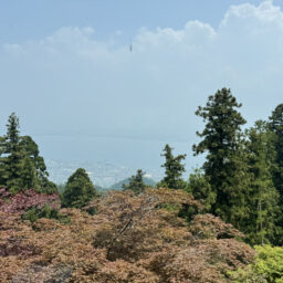 延暦寺会館より滋賀県の琵琶湖方面の景色。こちらのもみじも葉が赤くなっていました