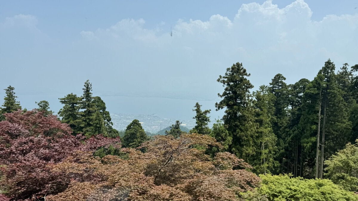 延暦寺会館より滋賀県の琵琶湖方面の景色。こちらのもみじも葉が赤くなっていました
