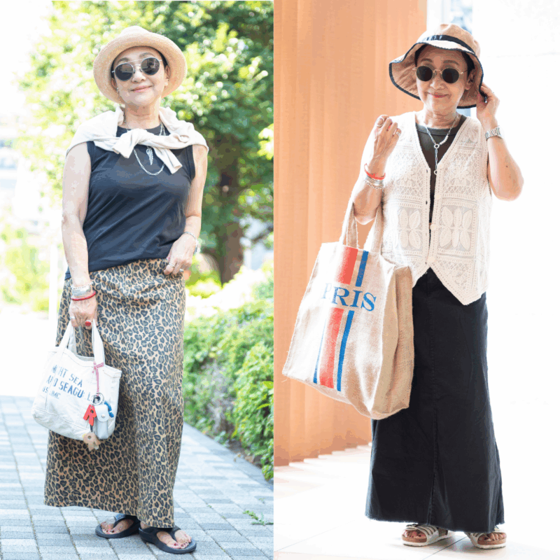 【60代ノースリーブコーデ】60代が気になるパーツをおしゃれにカバーするには？スタイルアップを叶えて女性らしさが漂う甘辛MIXコーデ！【6日間コーデ Day5・Day6】