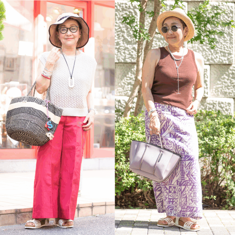 【60代のノースリーブコーデ】暑い夏を乗り切るならノースリーブ一択！主役級ボトムスに負けない好バランスなリラックススタイルにするには？【6日間コーデ Day3・Day4】