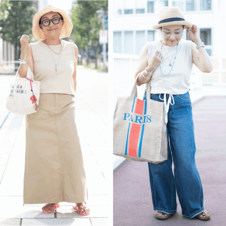 【第1位】【60代のノースリーブコーデ】猛暑の強い味方タンクトップを60代が大人カジュアルに着こなすコツは？【6日間コーデ Day1・Day2】