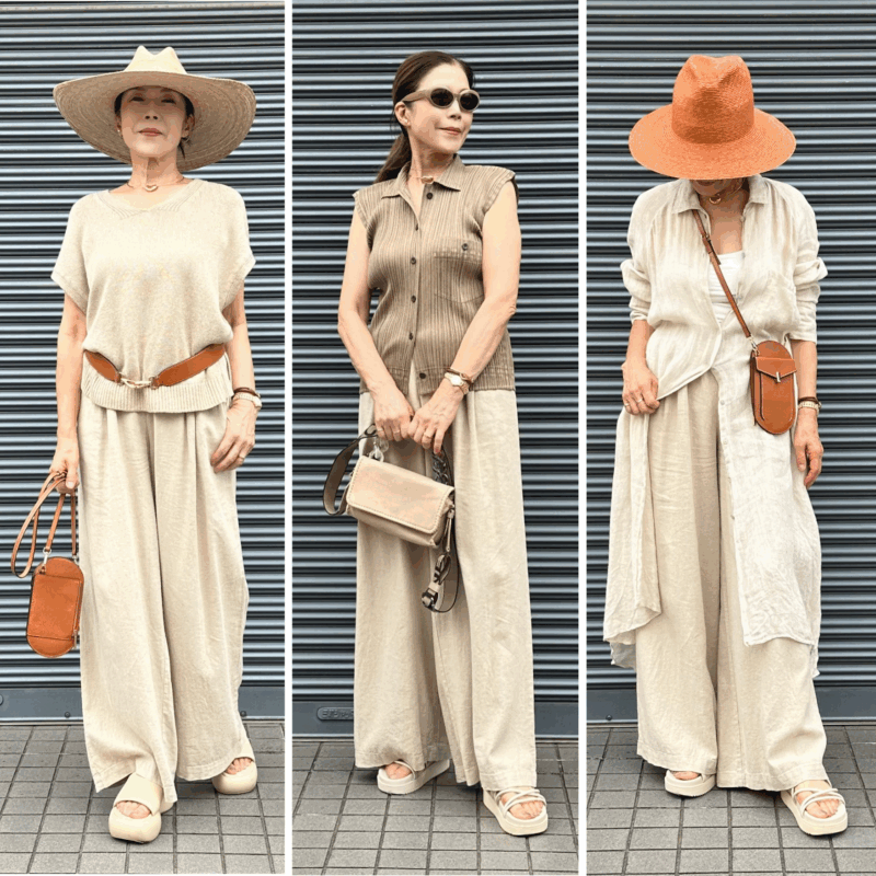 【60代ワイドパンツコーデ】ワイドパンツでスタイルアップを狙うなら？脚長効果抜群の「ZARA」リネンパンツコーデ3選