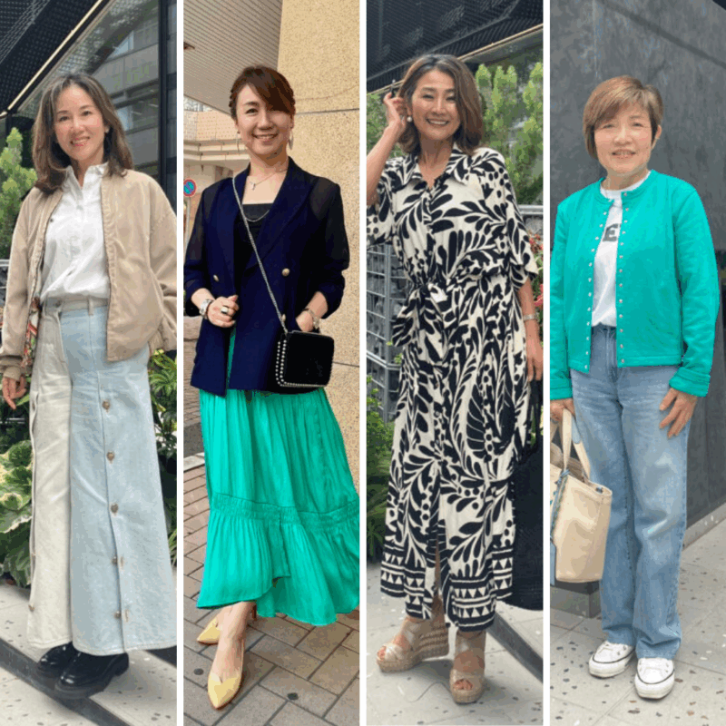 【60代お手本スナップ】夏のおしゃれを底上げするには？アクセントカラーが際立つグリーンコーデ＆シンプルななかにセンスが光るベーシックカラーコーデ4選
