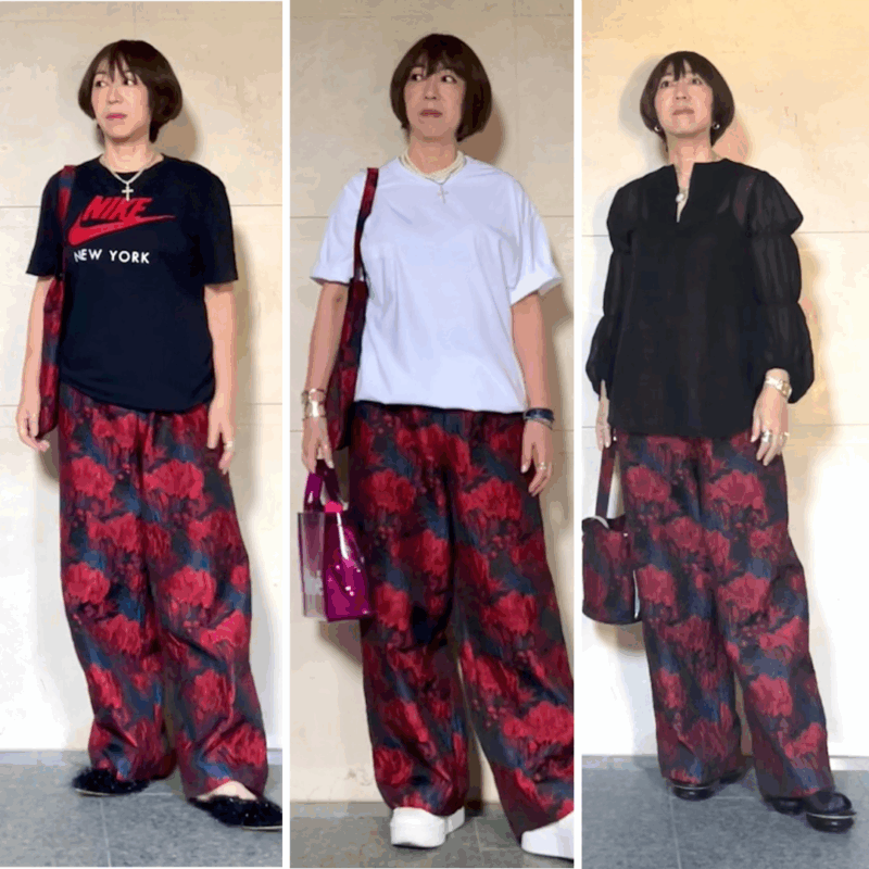 【60代ワイドパンツコーデ】柄パンツを着まわし！「SUTAKO369」のベトナムワイドパンツで人とかぶらない着こなし3選