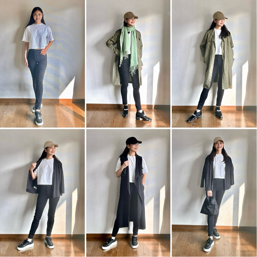Tシャツ&スキニーデニムの、中間服着回しコーデ