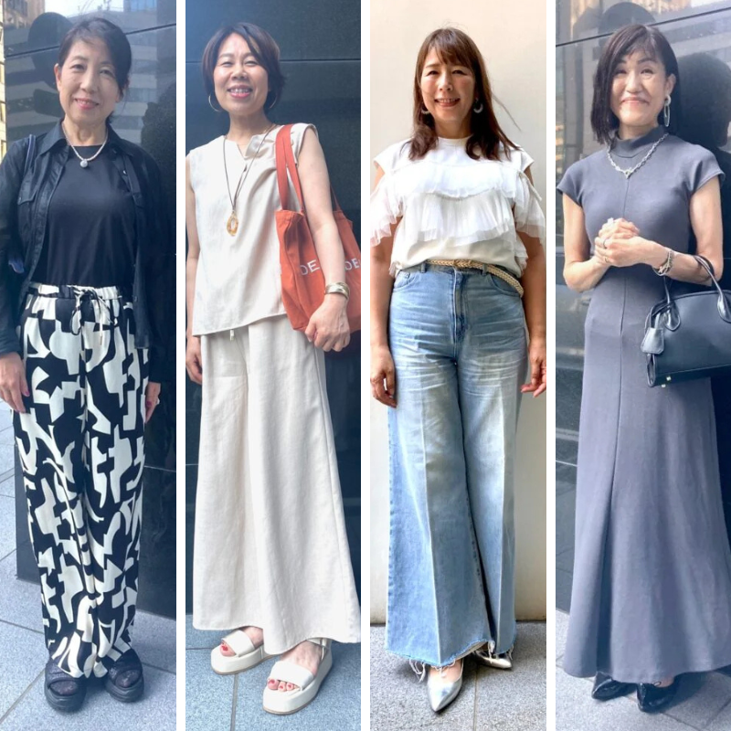 【60代お手本スナップ】ベーシックカラーでも地味にならない着こなしにするには？小物や柄、フォルムで大人の華やかスタイリング4選