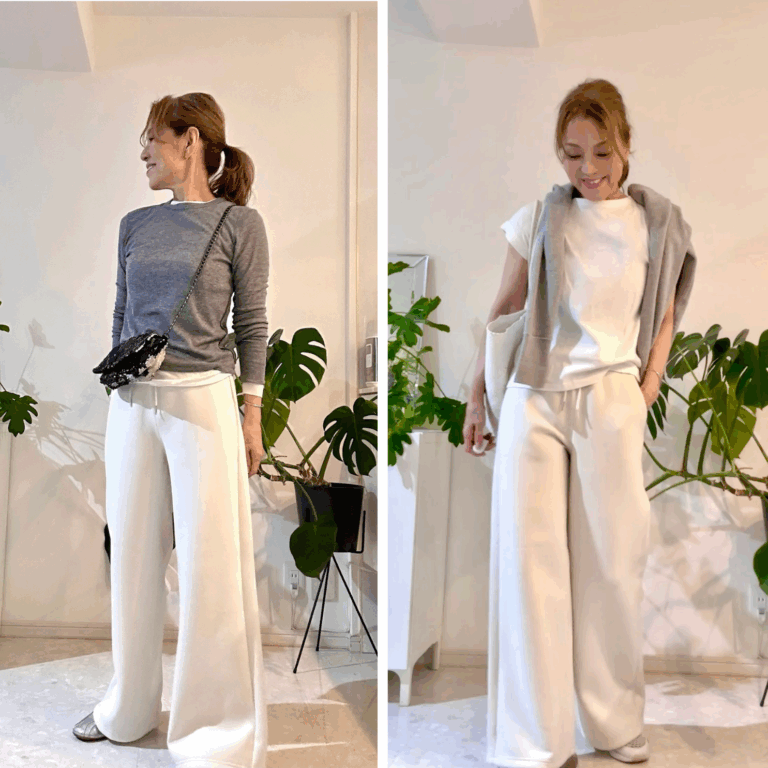 「GU」の「パフスウェットバギーパンツ」コーデ2選