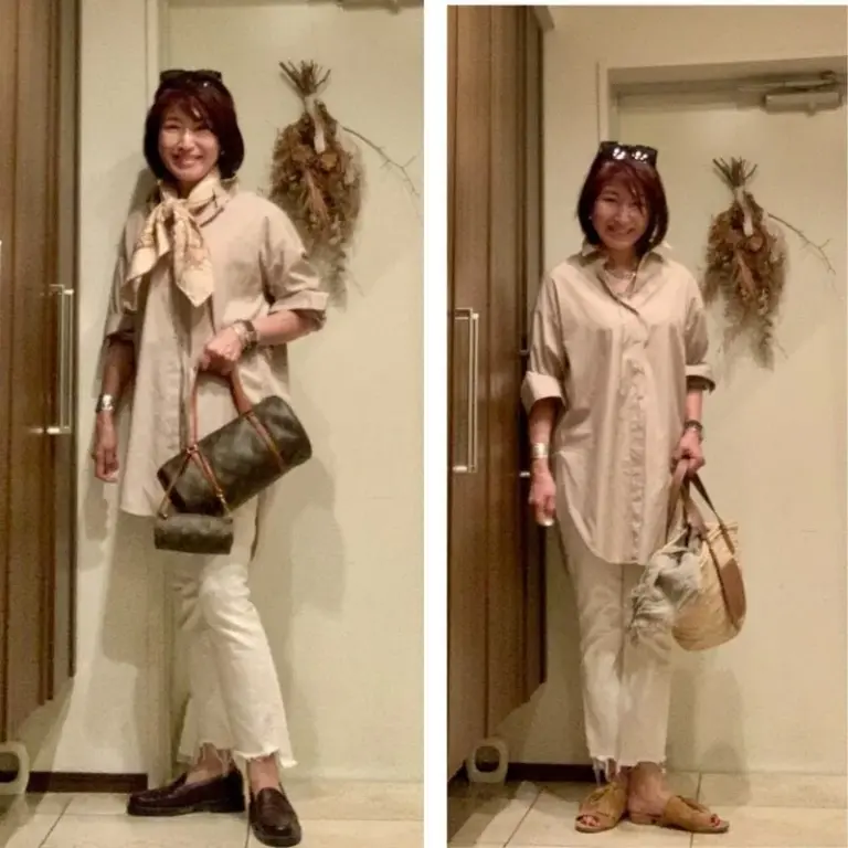 【第2位】【60代秋ファッション】ベージュのシャツ＆デニムを使って、残暑～秋へのスイッチコーデをご紹介！