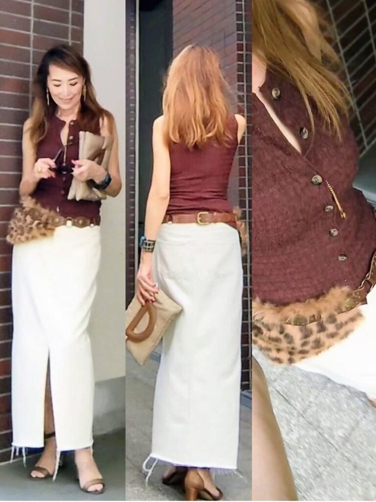 ジレ／H&M、 デニムスカート／APRETRO、 ファーベルト／SHEIN