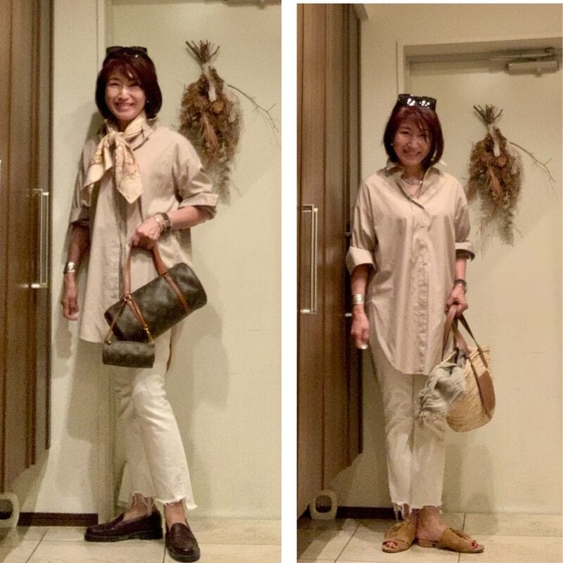 【60代秋ファッション】ベージュのシャツ＆デニムを使って、残暑～秋へのスイッチコーデをご紹介！