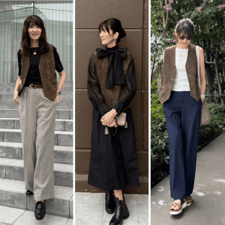 【第4位】【50代ファッション】秋はカーキベストが大活躍！きれい目にもフェミニンにも着こなせる3コーデをご紹介！