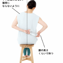 【1】椅子に座り、ペットボトルの端を背中の後ろで両手で持つ。