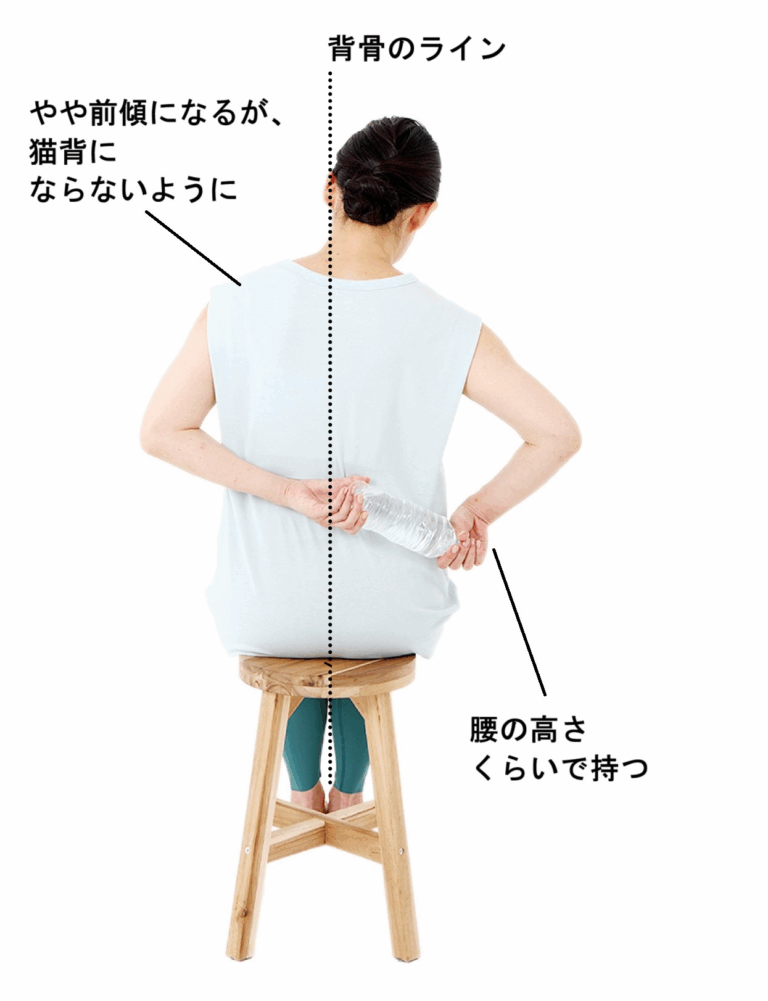 【1】椅子に座り、ペットボトルの端を背中の後ろで両手で持つ。