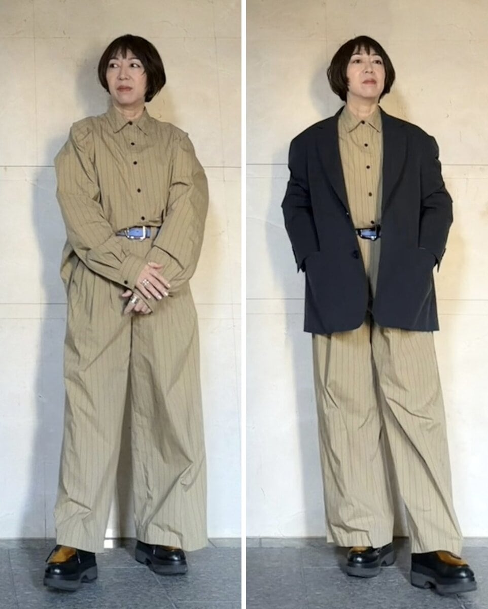 上林さん_シャツ・パンツセットアップコーデ