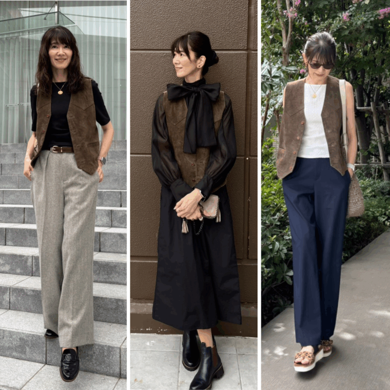 【50代ファッション】秋はカーキベストが大活躍！きれい目にもフェミニンにも着こなせる3コーデをご紹介！