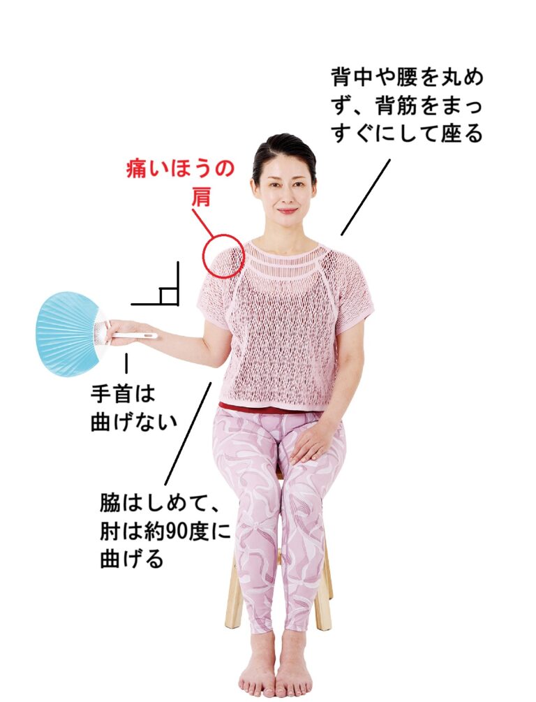 【1】椅子に姿勢よく座り、肩が痛いほうの手でうちわを持つ。肩が痛くない範囲で、外側に開く。床と平行になるように意識して。