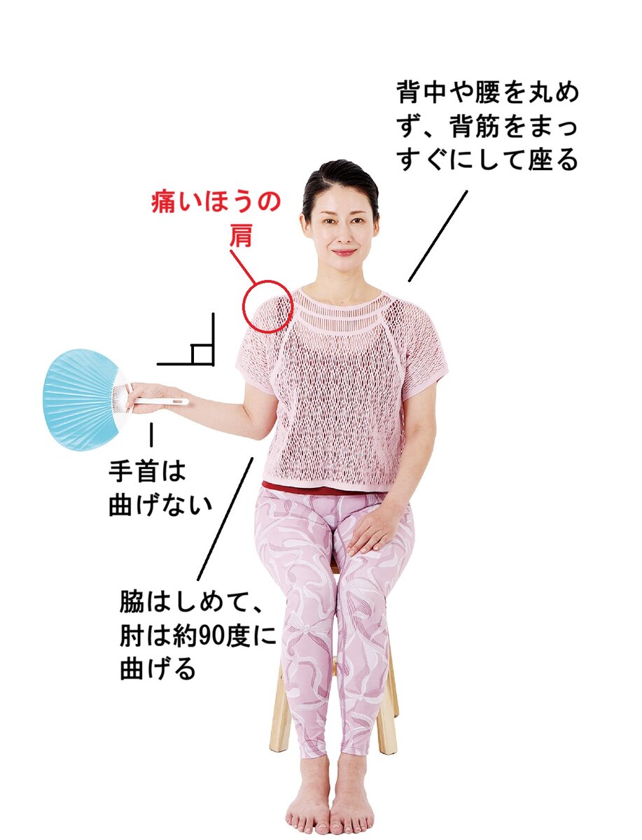 【1】椅子に姿勢よく座り、肩が痛いほうの手でうちわを持つ。肩が痛くない範囲で、外側に開く。床と平行になるように意識して。