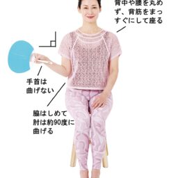 【1】椅子に姿勢よく座り、肩が痛いほうの手でうちわを持つ。外側に開き、肩に痛みを感じる直前で止める。床と平行になるように意識して。