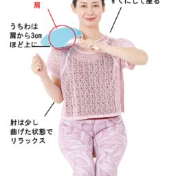 【1】椅子に姿勢よく座り、痛みがあるほうと反対の手でうちわを持ち、痛みがある肩の斜め上にうちわをかざす。