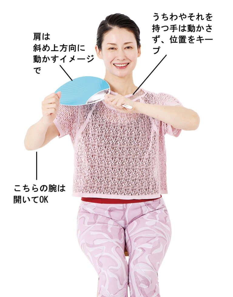 【2】肩を持ち上げ、いちばん外側の部分でうちわに触れ、その状態で5秒キープ。ゆっくりと1の姿勢に戻す。