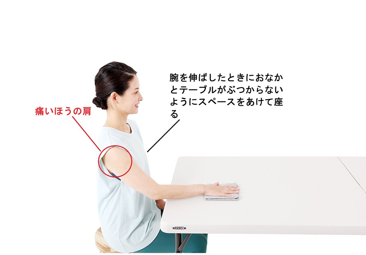 【1】椅子に座り、肩が痛いほうの手のひらをテーブルに置いたふきんにのせる。