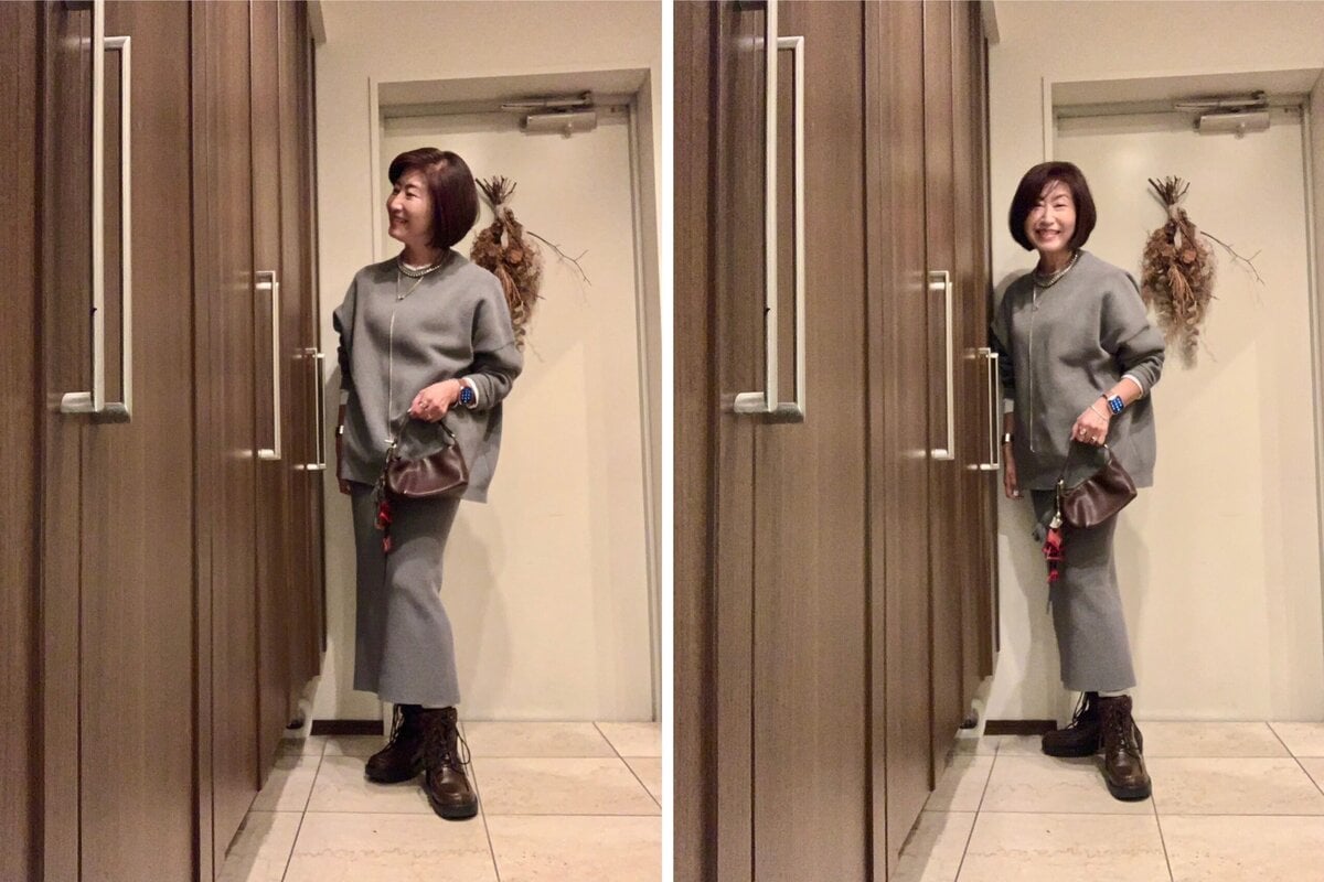 長谷川さん11月ブログ_ニットセットアップコーデ_茶系ブーツ