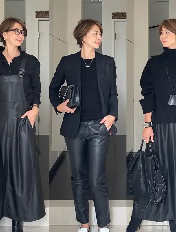 【秋冬ファッション】大人のブラックレザーコーデ３選。レザーのパンツ、スカート、サロペットを着こなす、華のあるブラックコーデの秘訣とは？