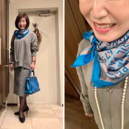 長谷川さん_ニットセットアップコーデ_スカーフアレンジ