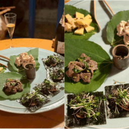 チーズ２種、牛スネのホロホロ煮込み 自家製柚子胡椒乗せ、海苔のカナッペ 焼いた燻製モッツァレラに赤キャベツとブロッコリーのスプラウト乗せ、柿の白和え