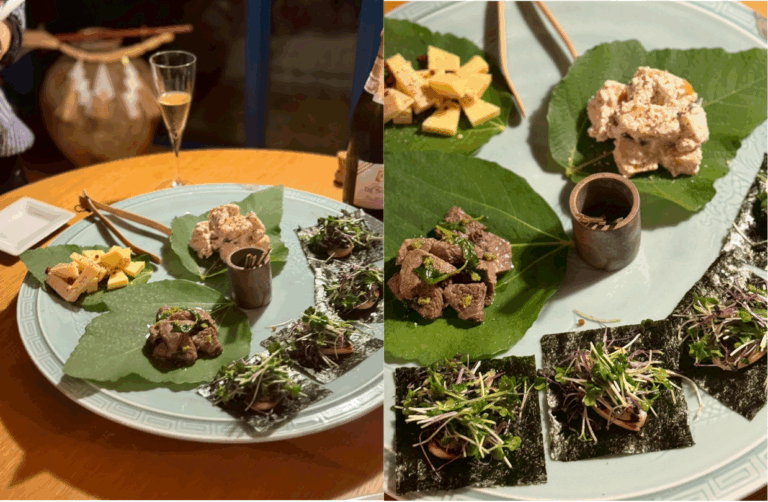 チーズ２種、牛スネのホロホロ煮込み 自家製柚子胡椒乗せ、海苔のカナッペ 焼いた燻製モッツァレラに赤キャベツとブロッコリーのスプラウト乗せ、柿の白和え