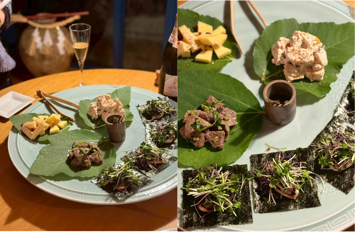 チーズ２種、牛スネのホロホロ煮込み 自家製柚子胡椒乗せ、海苔のカナッペ 焼いた燻製モッツァレラに赤キャベツとブロッコリーのスプラウト乗せ、柿の白和え