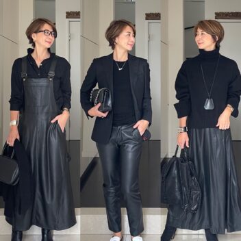 【秋冬ファッション】大人のブラックレザーコーデ３選。レザーのパンツ、スカート、サロペットを着こなす、華のあるブラックコーデの秘訣とは？