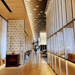 美しい廊下の奥に「ラウンジ」が、手前にはレストラン「Viridis」があります。