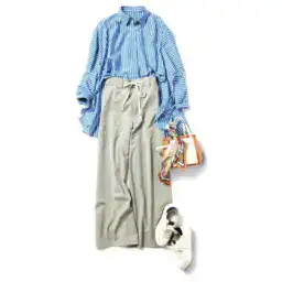 【第7位】【60代おしゃれ】ストライプの「華やかシャツ」を主役にした着こなしはお仕事後の美容メンテにぴったり！【60代秋の着まわし30days Day7】