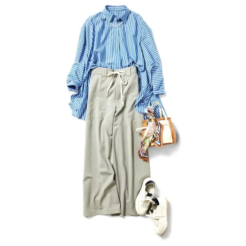 【第7位】【60代おしゃれ】ストライプの「華やかシャツ」を主役にした着こなしはお仕事後の美容メンテにぴったり！【60代秋の着まわし30days Day7】